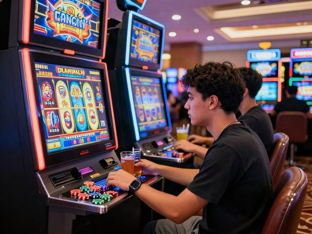 Engaging casino scene of a player experiencing slot gacor with colorful reels and lively ambiance.