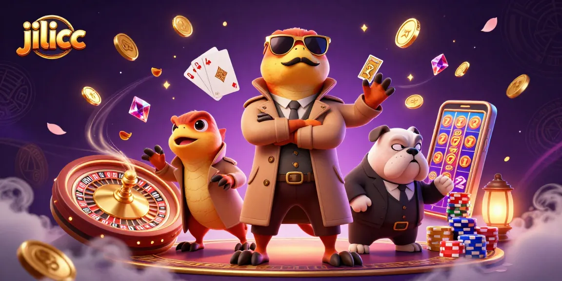 Experience fun with jilicc as three raptors humorously try to enter a casino, surrounded by vibrant gaming elements.