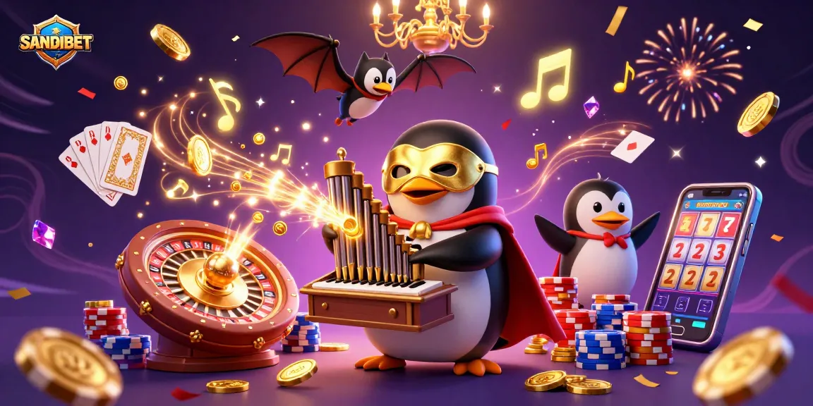 Experience the thrill of SANDIBET with golden coins cascading from a pipe organ in a festive casino scene.