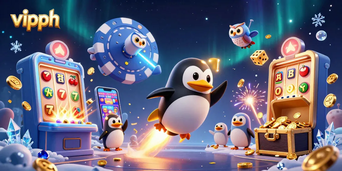 Experience thrilling wins at vipph with a golden penguin racing through a jackpot-filled cosmic casino.