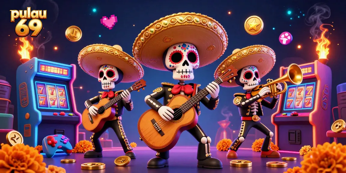 Engaging illustration of pulau 69 casino scene with vibrant game elements and a mariachi band