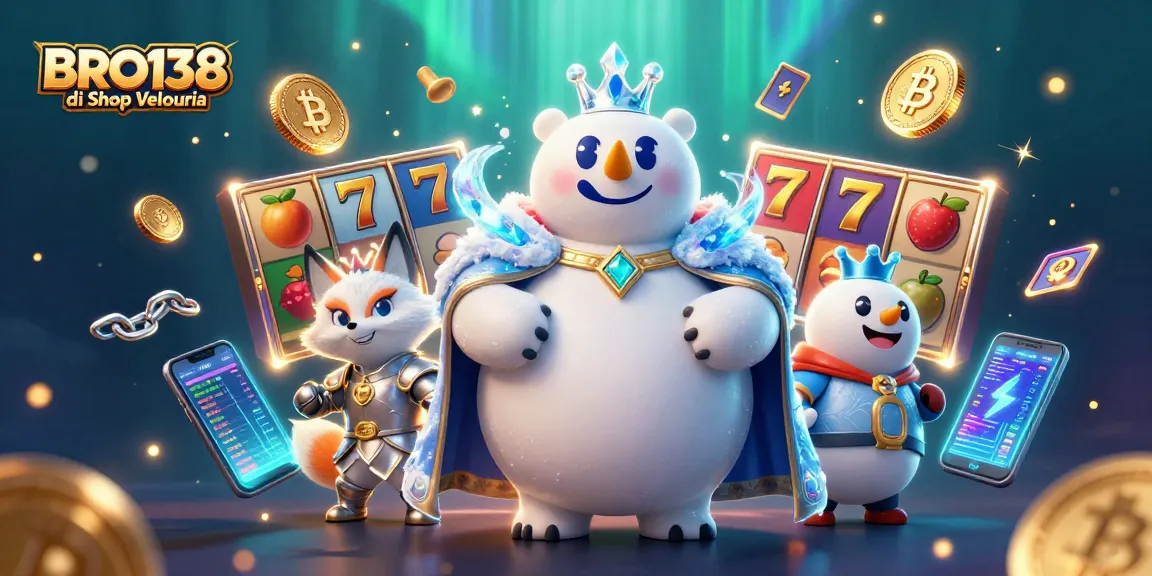 BRO138 di Shop Velouria features a 3D cartoon ice king and snow fox amidst slot machine elements and cryptocurrency coins.
