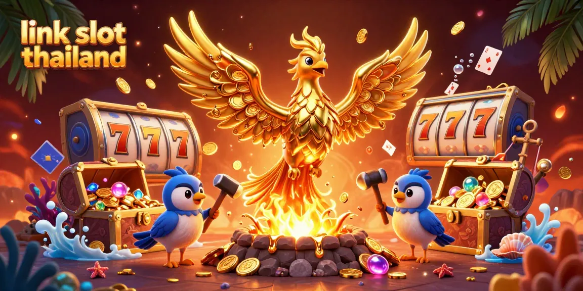Spin to win at link slot thailand with 3D phoenix and golden treasures in an exciting casino scene.