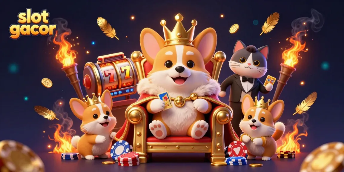 Slot gacor dengan karakter corgi kerajaan yang megah di kasino virtual, menghiasi suasana permainan.