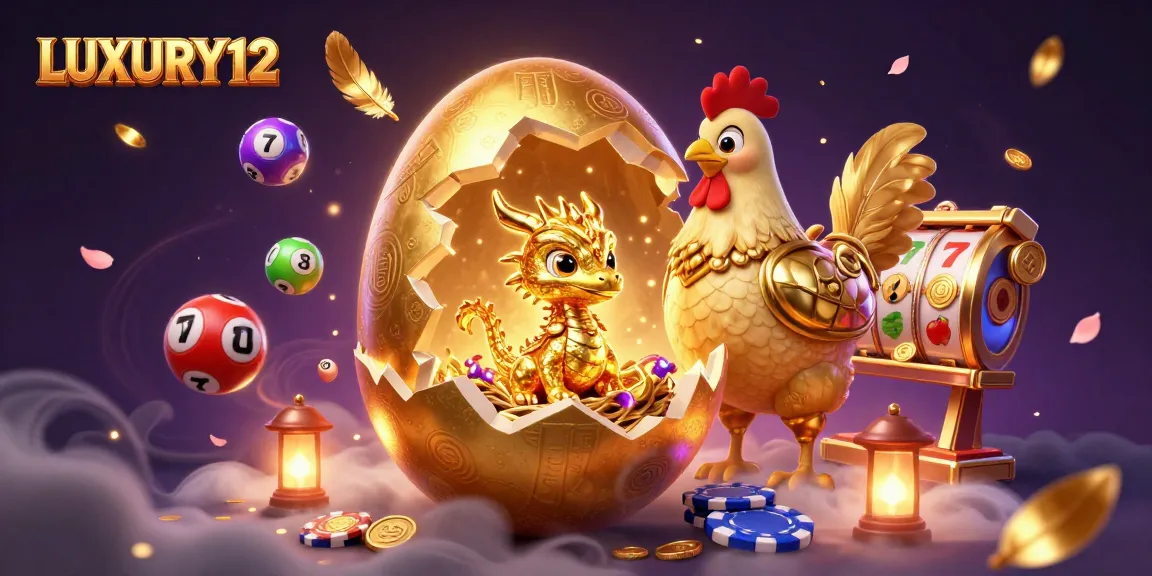 Experience the thrill of LUXURY12 slots with a golden baby dragon and vibrant gaming elements.
