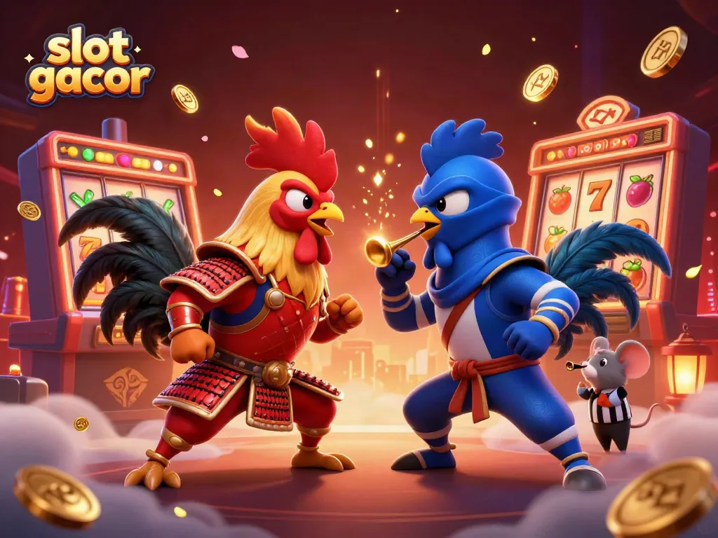 Experience the intense battle of the slot gacor roosters in this vibrant casino scene.