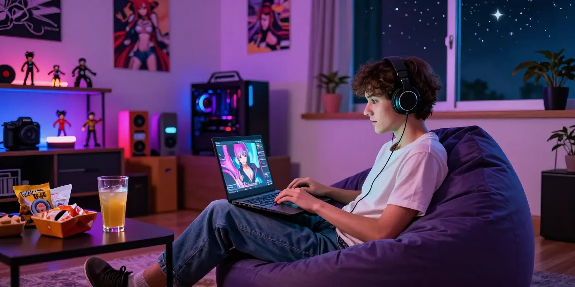 Engaging scene of a gamer playing hentai games in a cozy room, colorful LED lights and gaming merchandise.