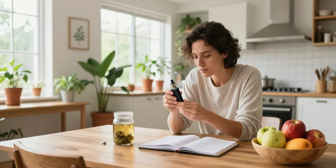 Legal vaping age in Cyprus scene with responsible adult examining vape device in bright kitchen, emphasizing natural wellness and quality lifestyle choices.