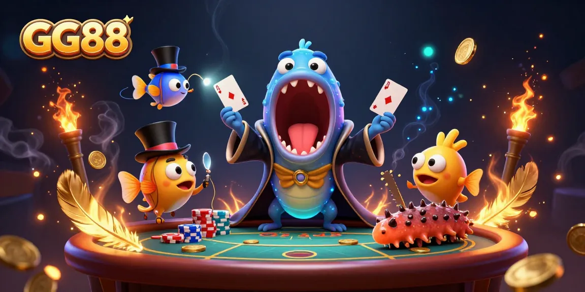 Experience exciting card tricks in the vibrant GG88 underwater casino scene featuring animated characters.