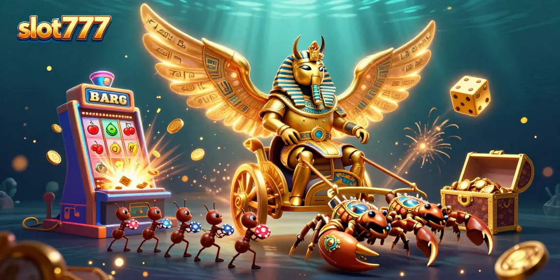 Experience excitement with slot777, a colossal scarab beetle and scorpions in a vibrant casino scene bursting with jackpots and coins.