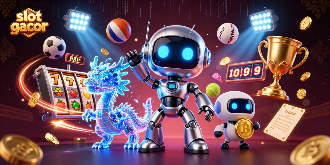 Engage in slot gacor with a dynamic 3D illustration showcasing cyberpunk characters and vibrant casino elements.