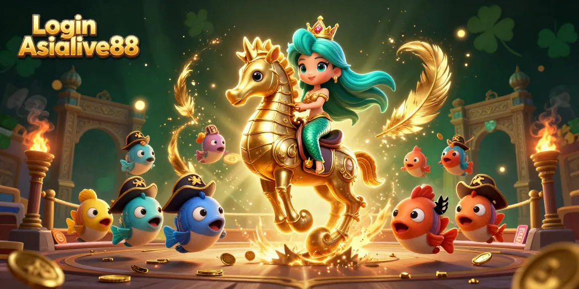 Engaging gaming action scene featuring Login Asialive88 with mermaid, seahorse, and colorful fish.