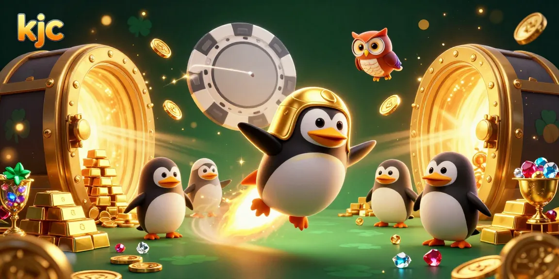 Experience thrilling gambling adventures with kjc, featuring a dynamic penguin and vibrant casino elements.