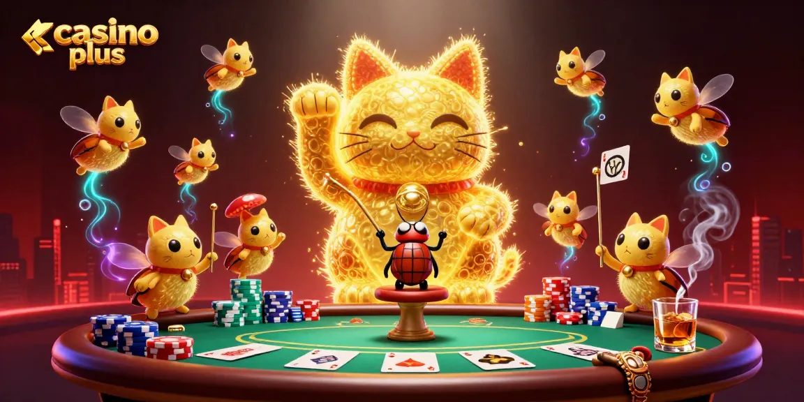 Enjoy thrilling games at casino plus with a striking lucky cat and vibrant poker scene.