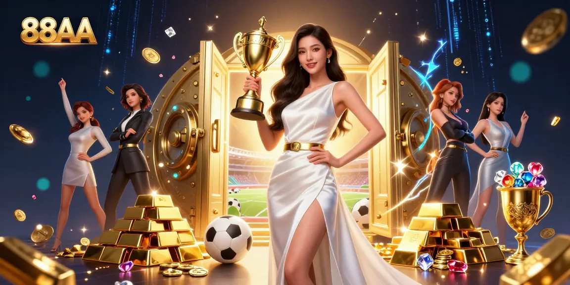 Engage with 88AA's thrilling sports betting scene, showcasing a confident winner amid riches.