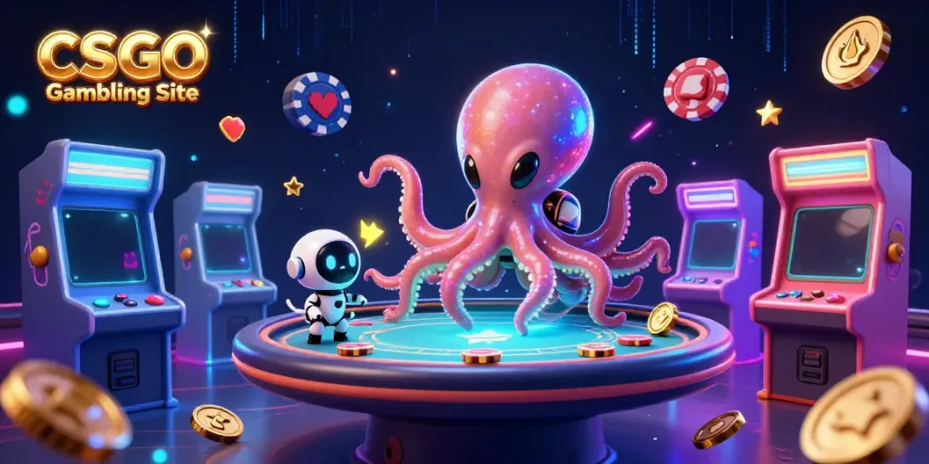Experience the thrilling universe of CSGO Gambling Site featuring an alien octopus and poker elements.