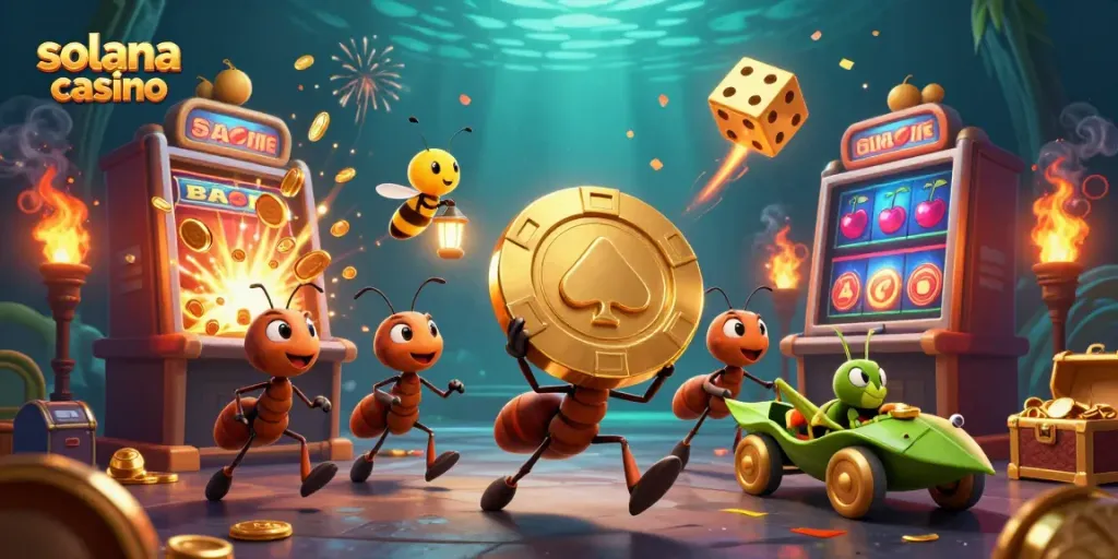 Visualize excitement at the solana casino with game characters, lavish symbols, and vibrant action.