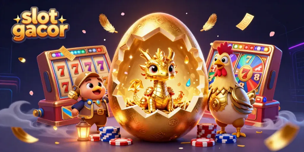 Menangkan slot gacor dengan ilustrasi naga emas di tengah kasino fantastis yang penuh energi.