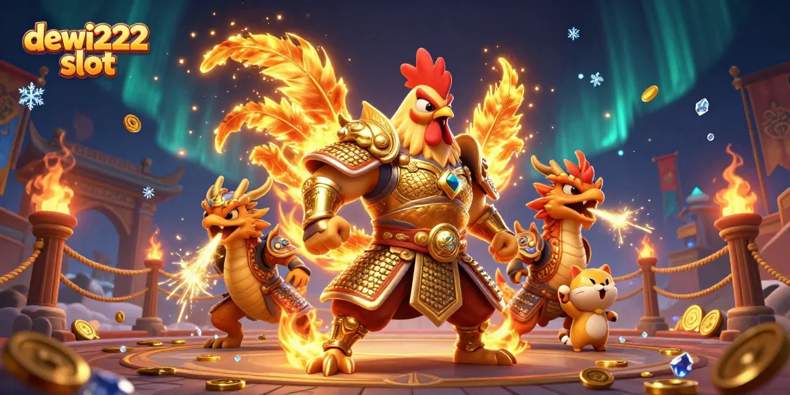 Experience thrilling gameplay with dewi222 slot featuring a fierce rooster warrior and a dragon in an exciting casino atmosphere.