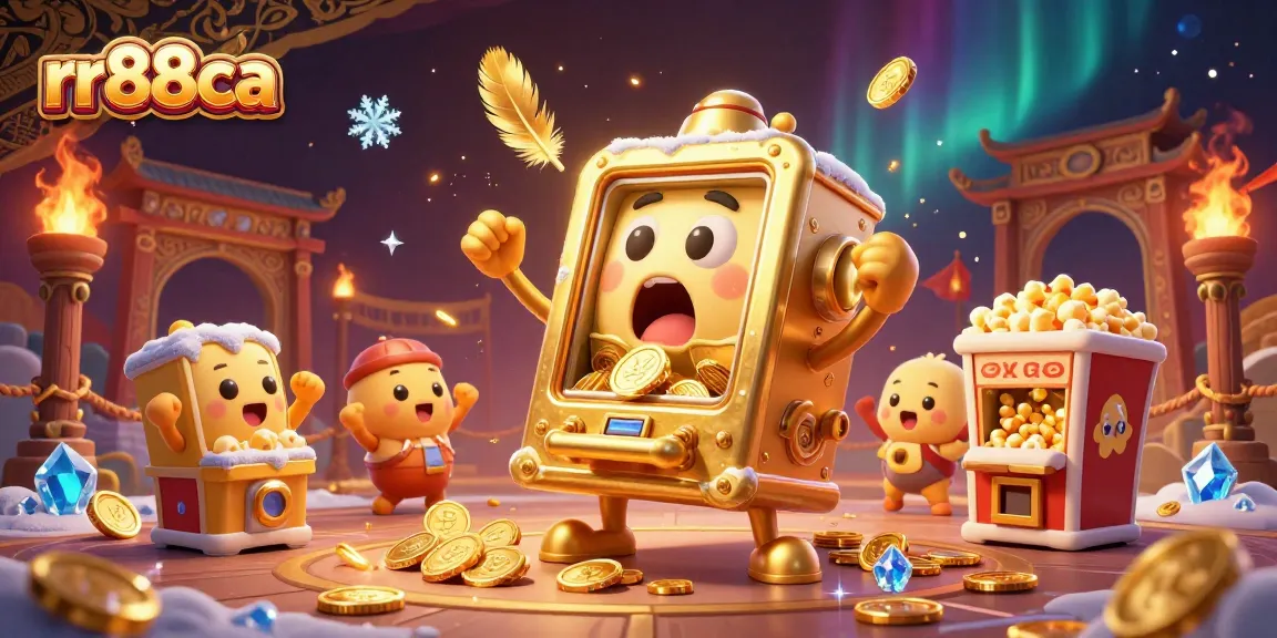 Experience thrilling wins at rr88ca as a golden slot machine hits a jackpot, with cheering baby machines.