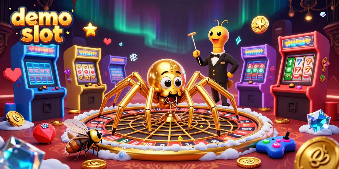 Engage in demo slot play with a golden spider and centipede croupier in a vibrant casino scene.