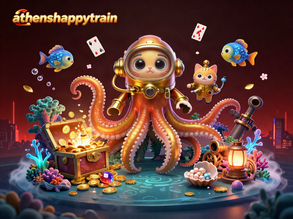Experience the thrill of athenshappytrain with vivid 3D art featuring a kraken and treasures.