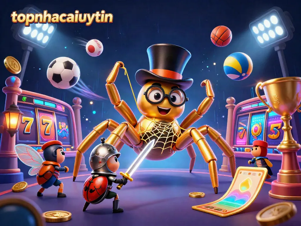 Experience the vibrant energy of topnhacaiuytin with a golden tarantula and beetle knight in a magical casino scene.