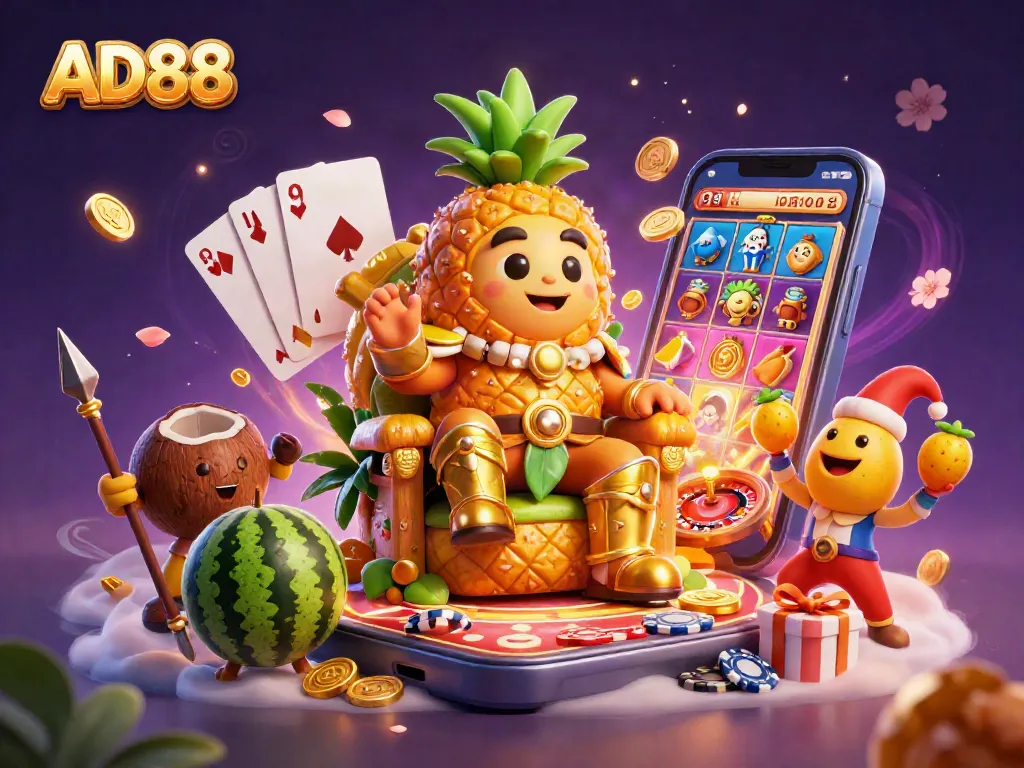 Experience the excitement of AD88 slots with a vibrant beach casino scene featuring characters and gaming elements.