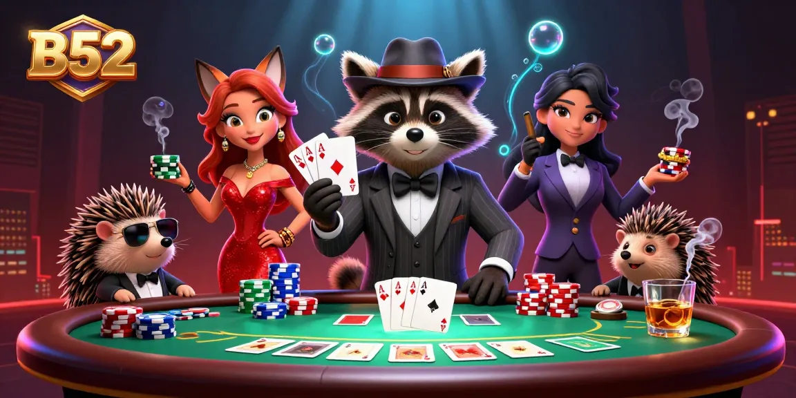 Experience the thrill of B52 poker night with a suave raccoon, a glamorous fox, and a bouncer hedgehog.