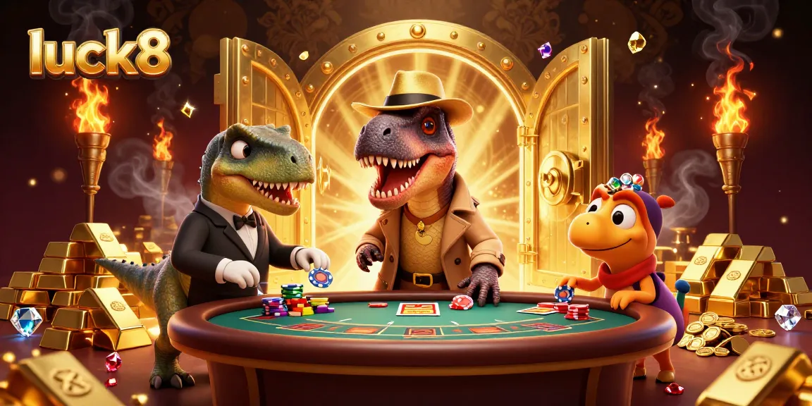 luck8 velociraptor at blackjack table enjoying the game with golden jewels and vibrant lighting