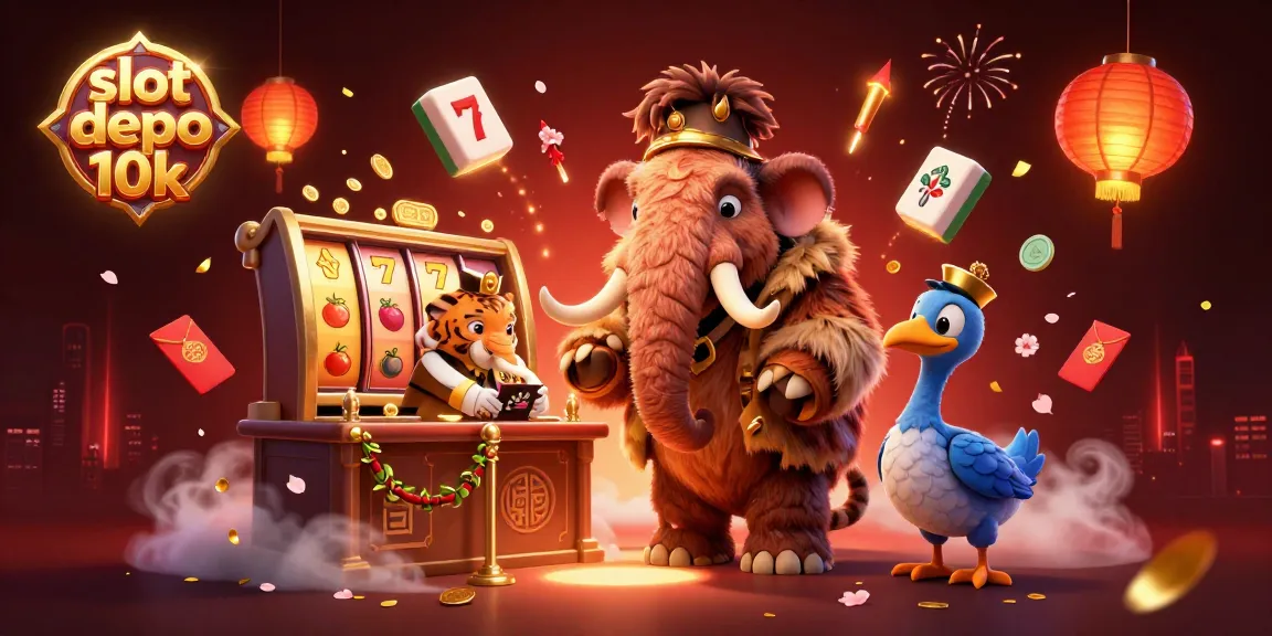 Engage in thrilling gameplay with slot depo 10k showcasing vibrant 3D character illustration, dynamic slot reels, and festive elements.