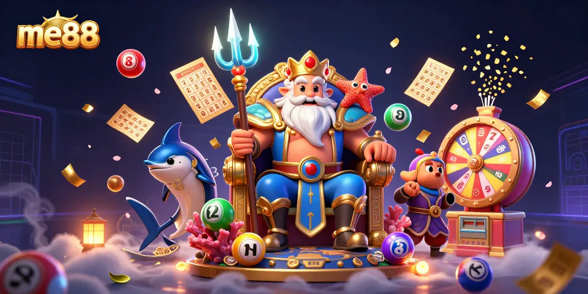 Engage with me88's vibrant gaming scene featuring a lively Neptune surrounded by colorful lottery elements.
