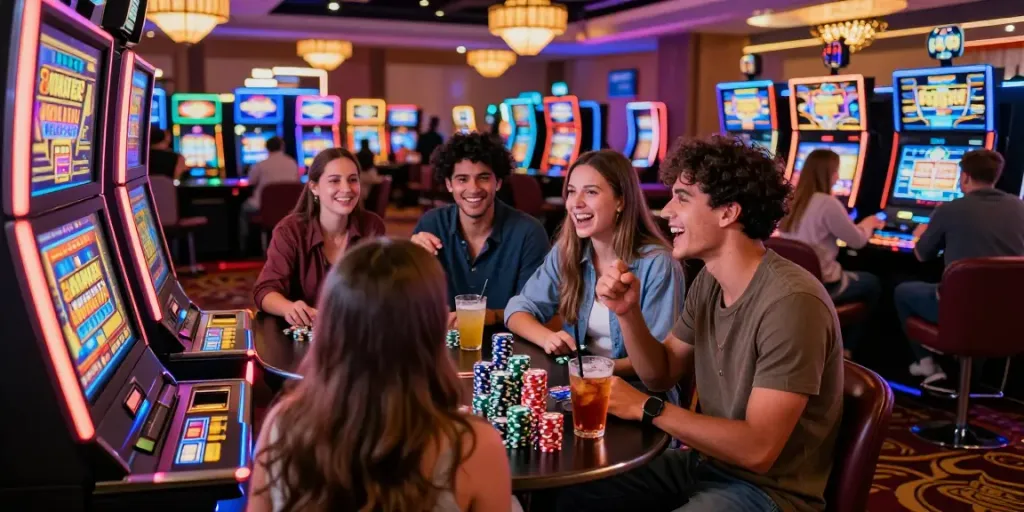 Exciting Lucky777 casino scene with friends enjoying slot machines and vibrant atmosphere.