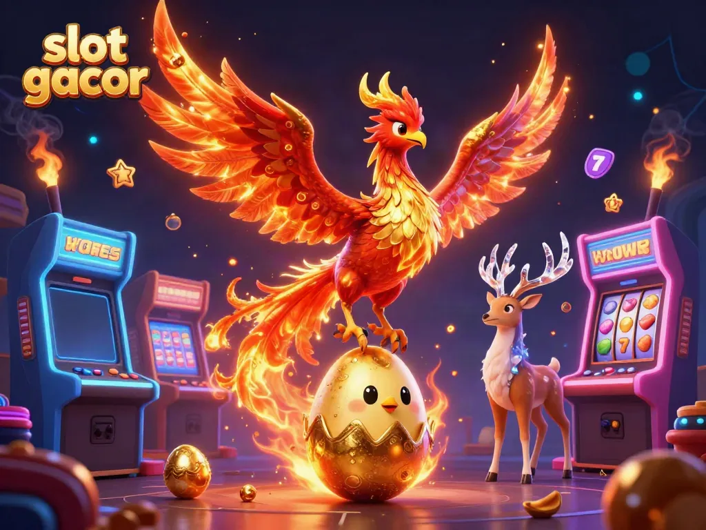 Experience the vibrant excitement of slot gacor with a phoenix, baby chick, and stag in a dynamic casino scene.