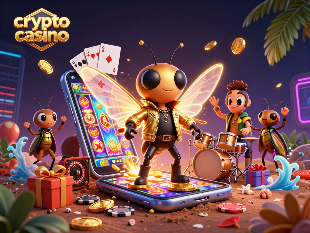 Experience the vibrant action of a crypto casino with rock star characters and thrilling gaming elements.