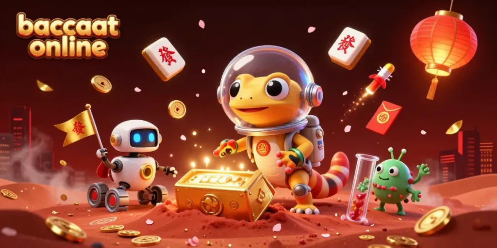 Engage in baccarat online with a vibrant Martian scene showcasing excitement and celebration around a golden casino.