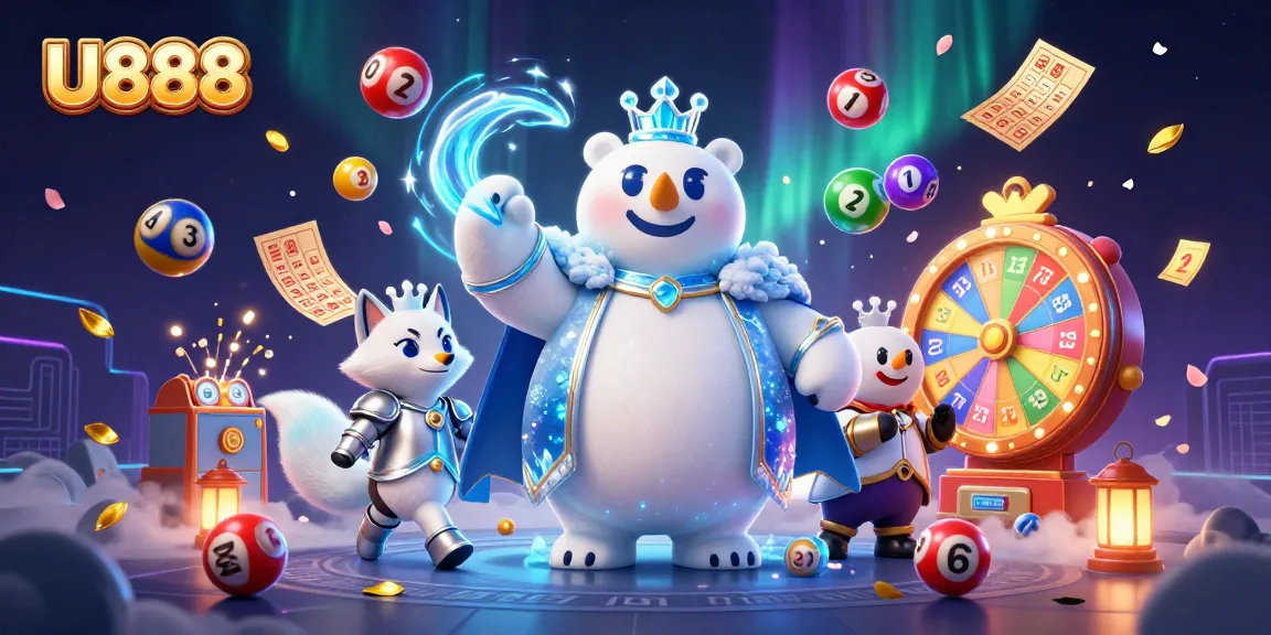 Engage in lottery excitement with U888's vibrant scene featuring bouncing balls and dynamic gaming elements.