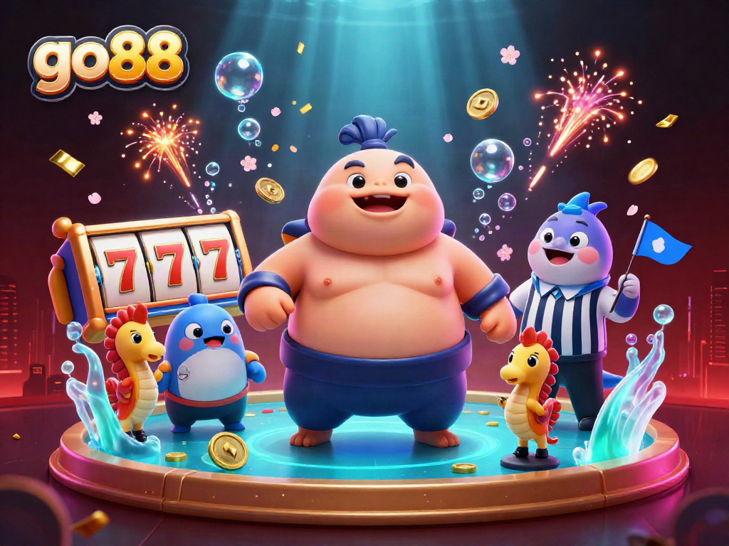 Experience an exciting go88 slot game scene featuring a giant fugu, catfish referee, and festive spectators