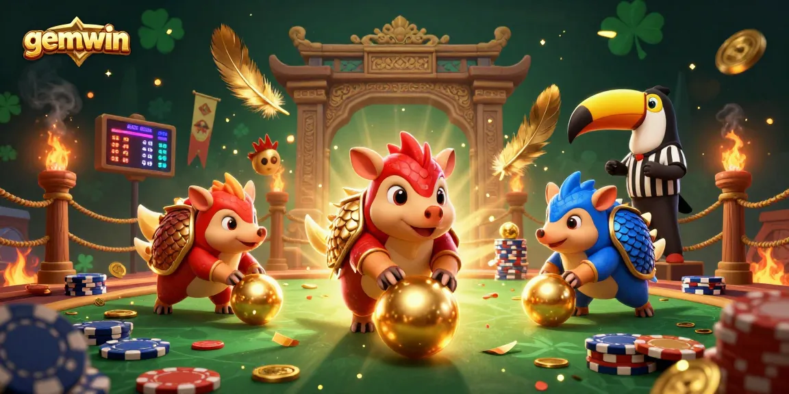 Experience thrilling gameplay with gemwin as rival pangolins roll into golden balls among poker chips in a lively casino atmosphere.