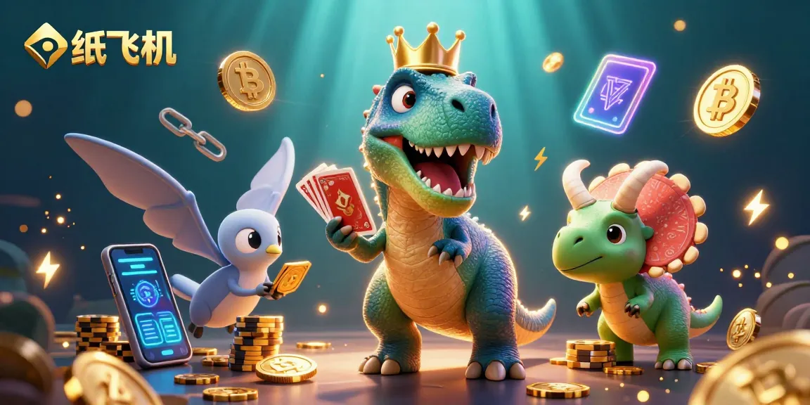 Engage with 纸飞机 as a T-Rex and friends shuffle cards amid colorful crypto elements.