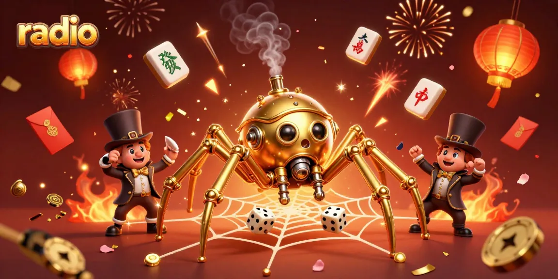 Engaging radio-themed casino scene showcasing a steampunk spider and lucky dice web.