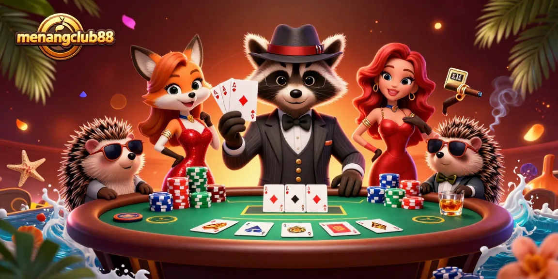 Experience the excitement at menangclub88 with a lively poker scene featuring charming characters and vibrant casino elements.