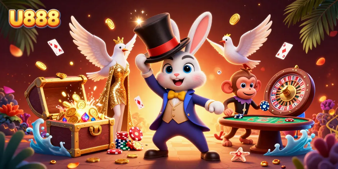 Experience U888’s thrilling casino adventure with a magical scene of gameplay elements and excitement.