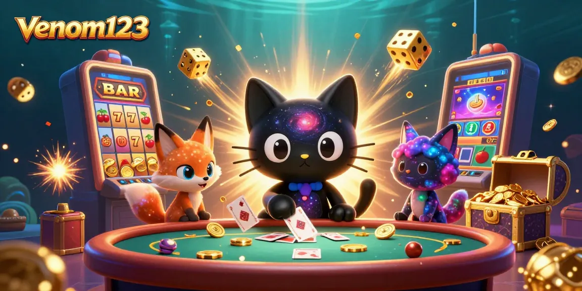 venom123 menarik chip emas dan kartu di kasino virtual yang penuh dengan jackpot dan simbol keberuntungan.
