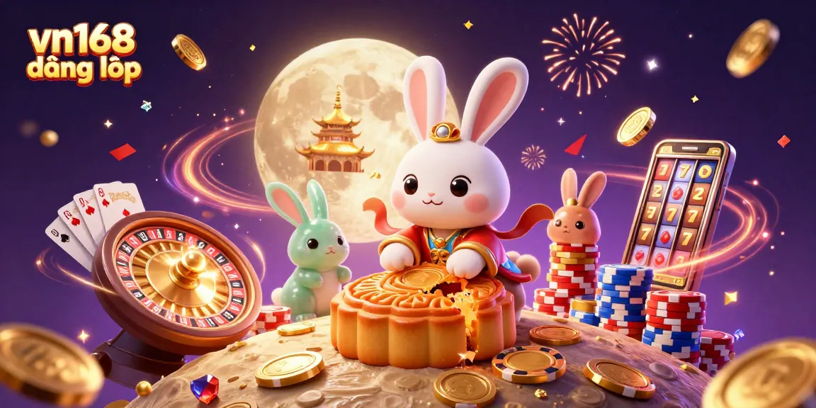 Engage in thrilling games with vn168 đăng nhập, where a moon rabbit unveils poker chips amid a dynamic casino celebration.