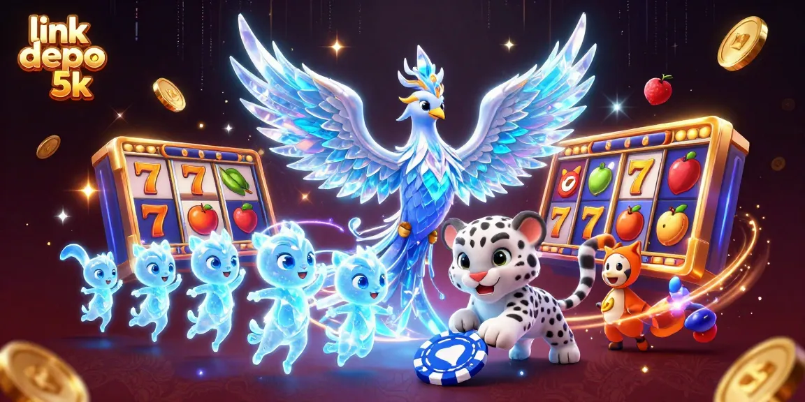 Play link depo 5k slots with an enchanting ice phoenix and fun characters in a vibrant casino scene