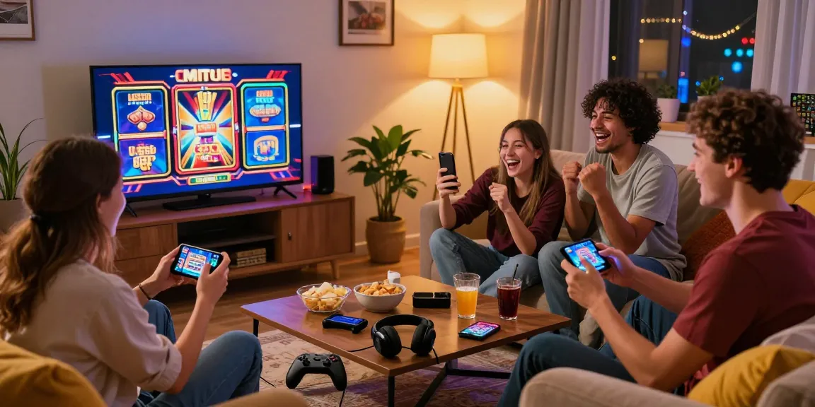 Enjoying casino games on https://slotspk.com.pk/ with friends in a cozy living room setup