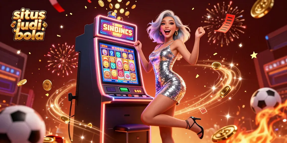 Witness the excitement of situs judi bola with this dynamic digital illustration of a glamorous woman celebrating at a slot machine.