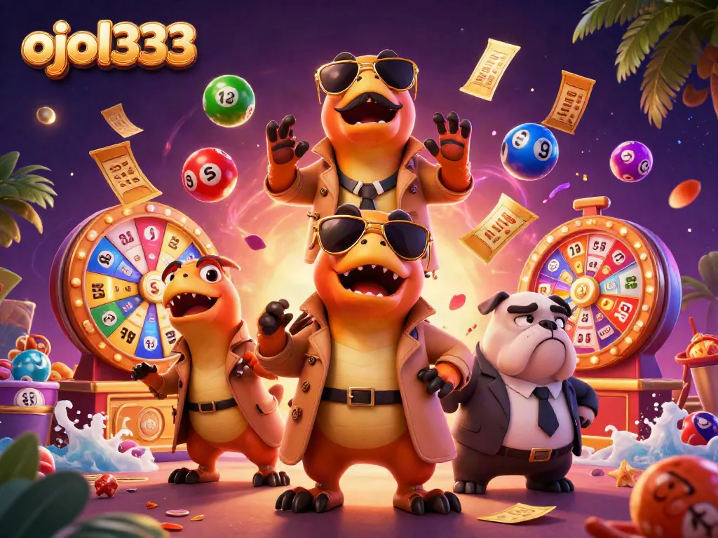Engage in thrilling ojol333 casino games with raptors, vibrant lottery elements, and a bouncer in a fun illustration.