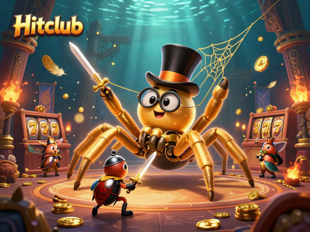 Hitclub's intense casino scene with a golden tarantula and beetle knight battling for big wins.